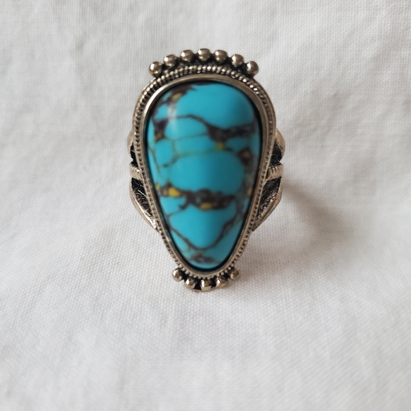 Turquoise Style Stone Ring Antiqued Silver Metal Adjustable Ornate Coastal Boho - Picture 2 of 9
